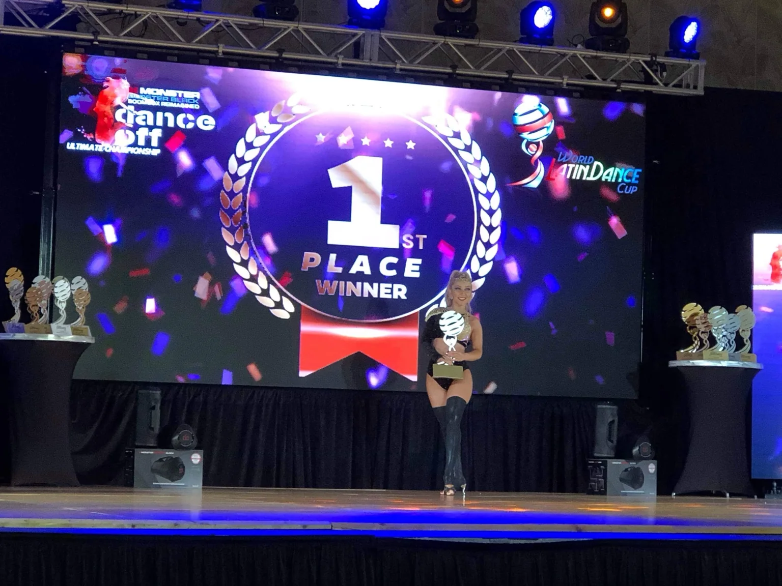 Kristi Hall celebrating a first-place result at the World Latin Dance Cup