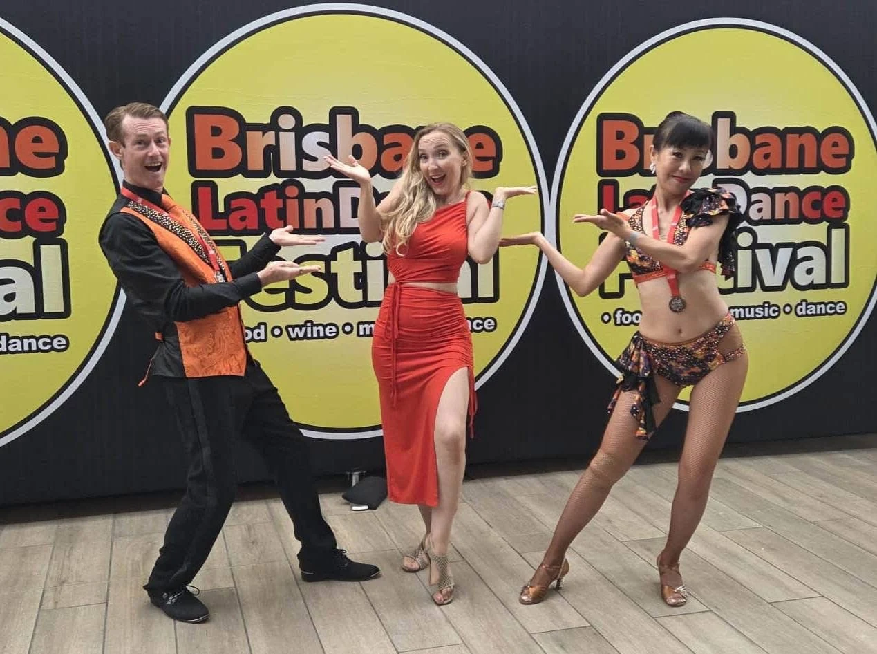 David and Andrey with Kristi Hall after competing at the Brisbane Latin Dance Festival