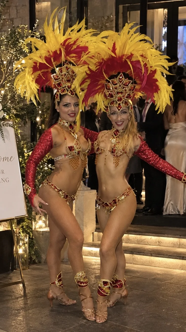 Brazilian Samba wedding dancers in colourful Carnivale costumes